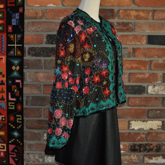 Vtg Frank Usher Heavily Beaded Sequin Silk Multicolor Floral Matador Jacket S - Picture 2 of 10